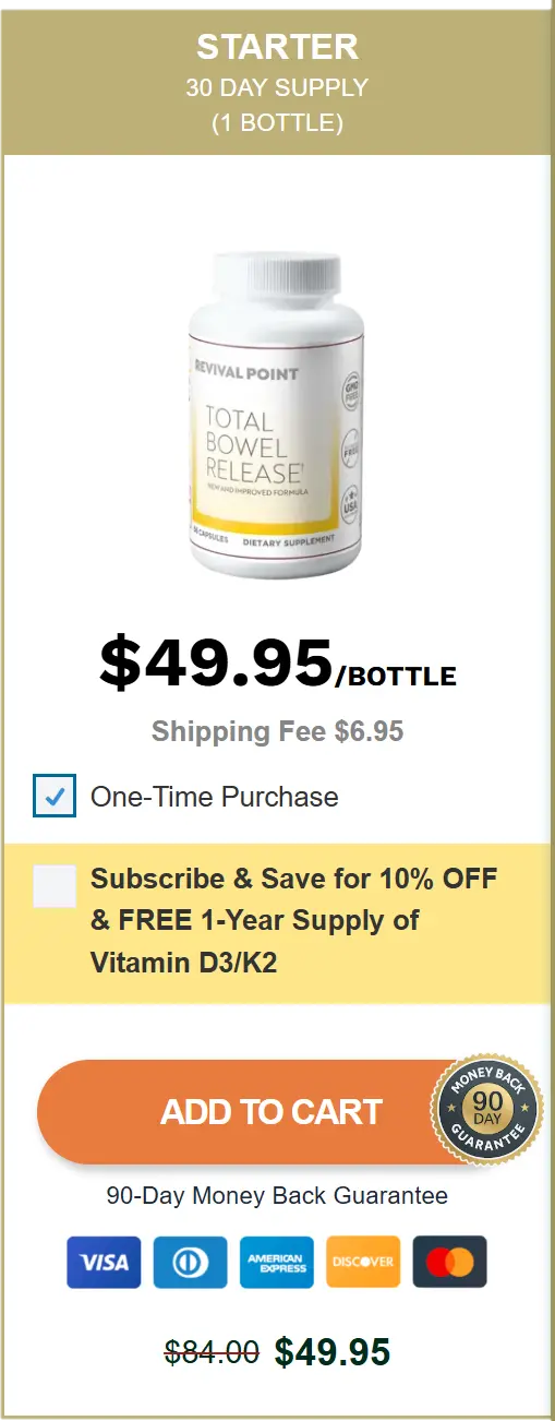 Starter checkout card for one bottle of Total Bowel Release