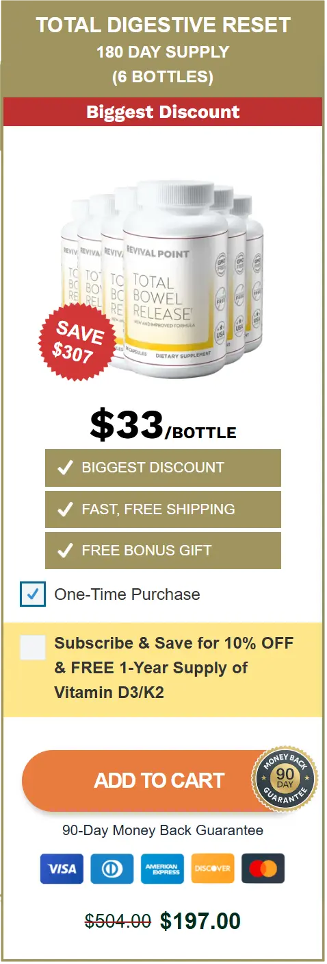 Total Digestive Reset checkout card for six bottles of Total Bowel Release